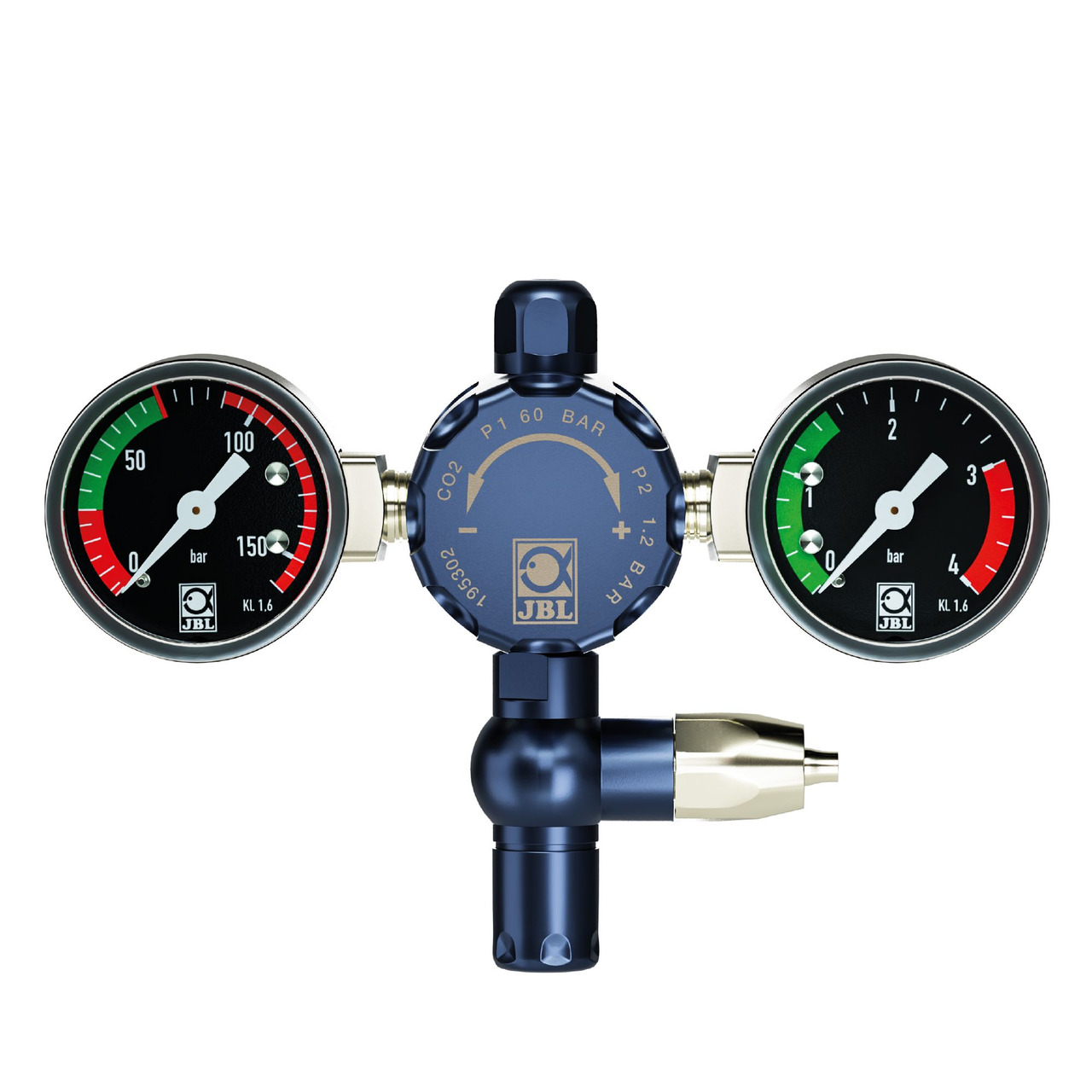 JBL ProFlora CO2-Druckminderer, Zubehör für Aquarien, präzise CO2-Regulierung, 2 Manometer, robustes Metall, Blau, für Pflanzenpflege.