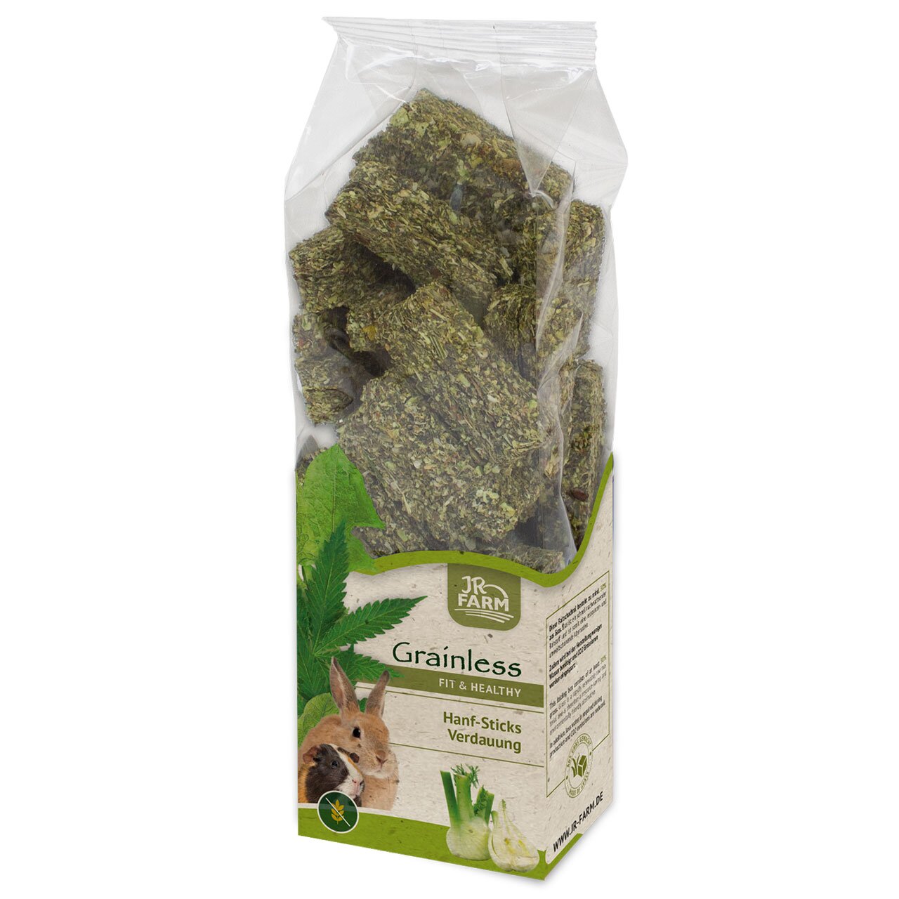 JR FARM Grainless Hanf-Sticks Verdauung für Kaninchen und Nager, unterstützt die Verdauung, 150 g Packung.