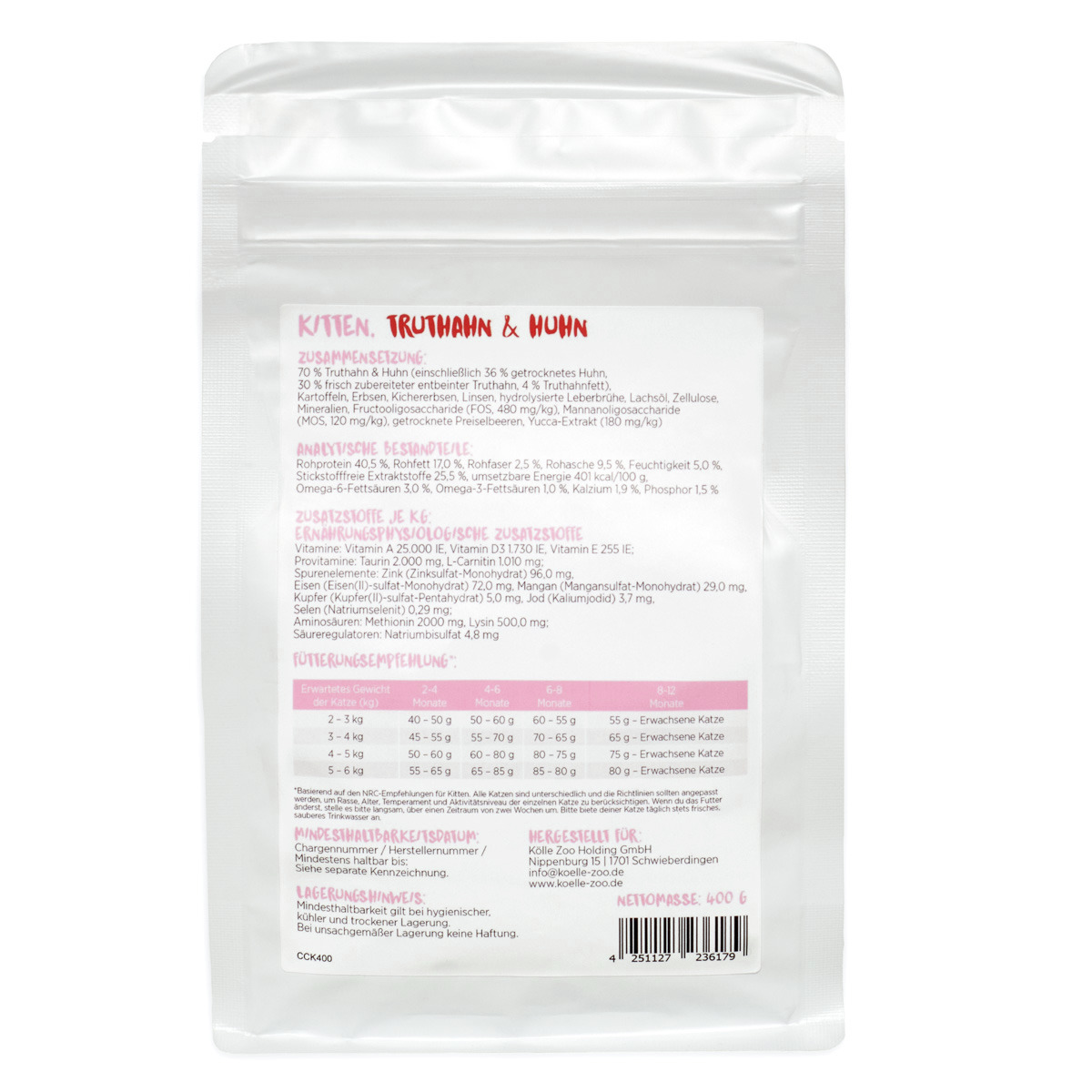 Köber’s MINCAS HÄPPCHEN, Truthahn & Huhn, für Kitten, 400 g, Katzenfutter mit detaillierten Angaben zu Zusammensetzung & Fütterung.