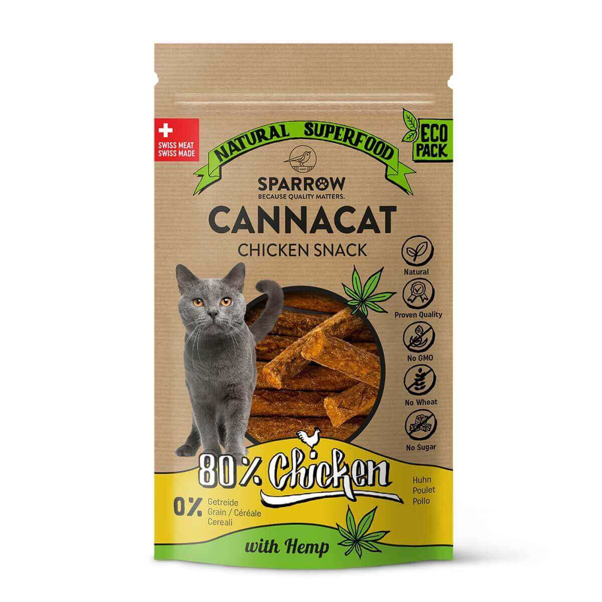 SPARROW CannaCat Chicken Snack: Katzensnack mit 80 % Huhn & Hanf, natürlich, ohne Getreide, Zucker, Weizen, Gentechnik, Eco Pack.