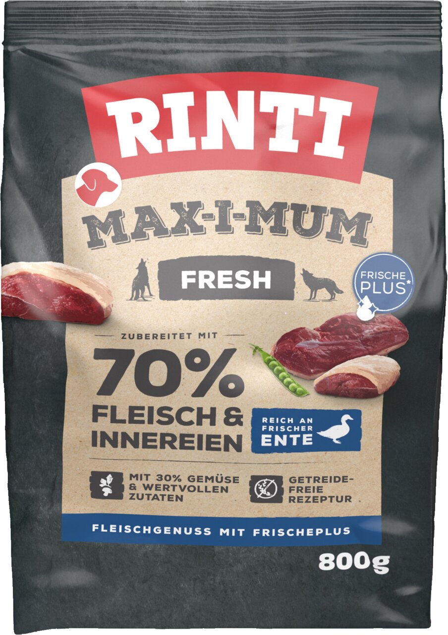 RINTI Max-I-Mum Fresh für Hunde, Ente, 800 g. 70 % Fleisch, getreidefrei, mit Gemüse und Frische-Plus für optimalen Genuss.