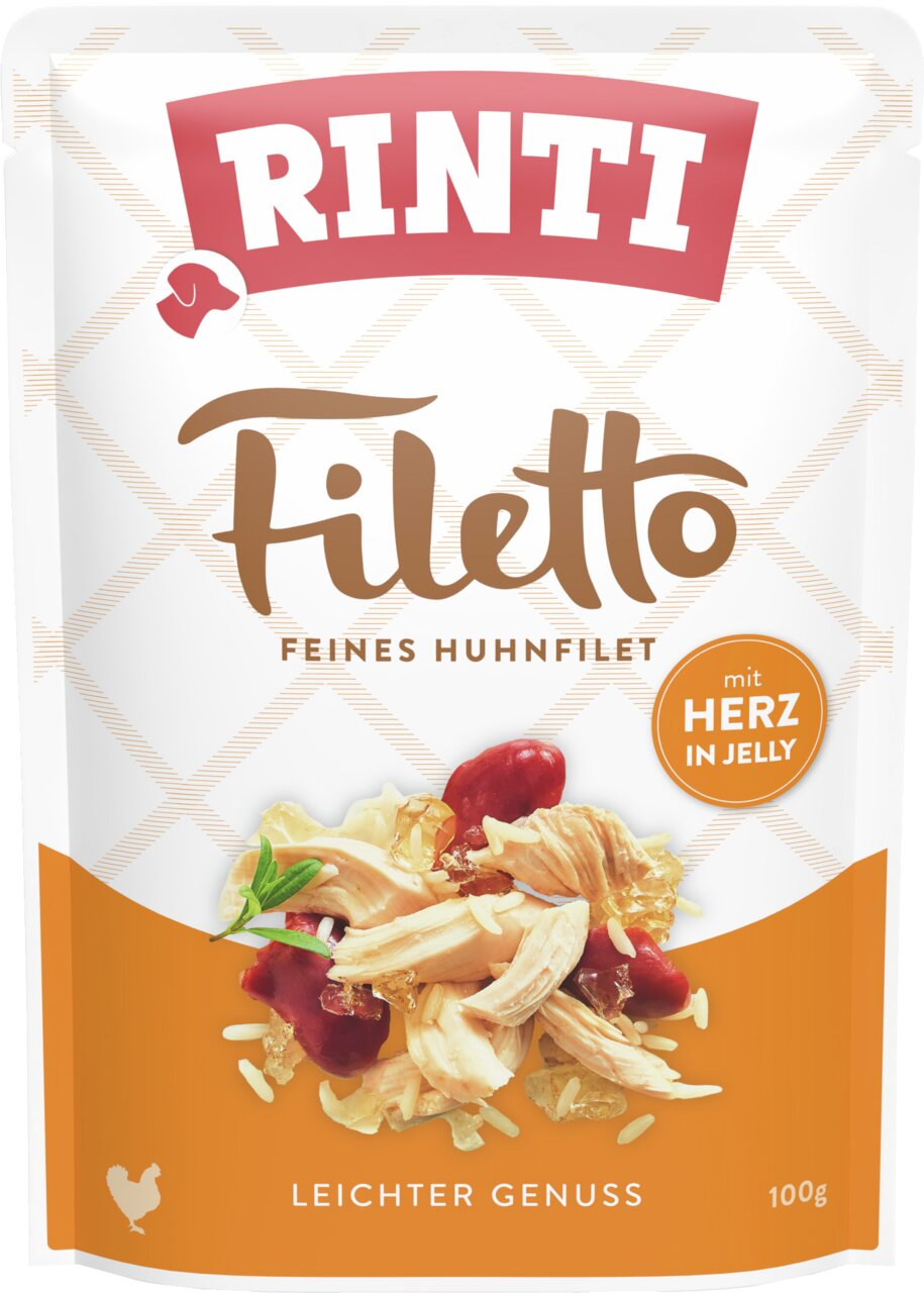 RINTI Filetto Feines Huhnfilet für Hunde, Geschmacksrichtung Herz in Jelly, leichter Genuss, Menge: 100 g.