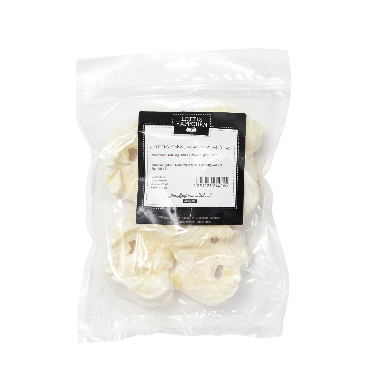 LOTTIS HÄPPCHEN Schweineohren weiß soft für Hunde, 100 % Schwein, 80 % Rohprotein, perfekt getrocknet.