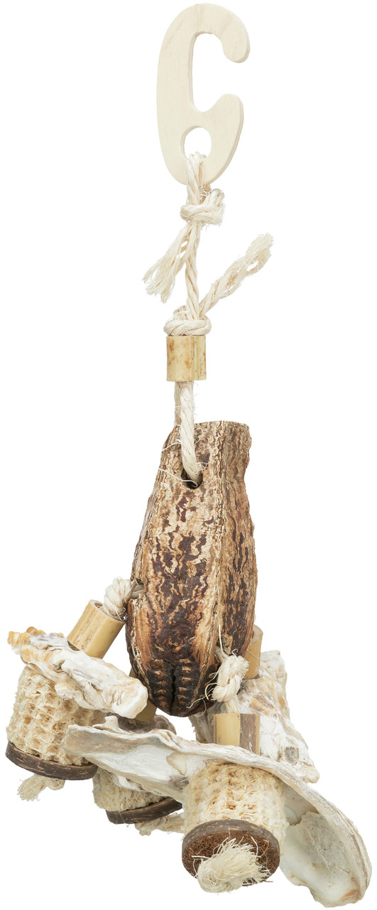 Trixie Naturspielzeug Mahagonischote, Muscheln, Bambus & Maiskolben Vogel Spielzeug 26 cm