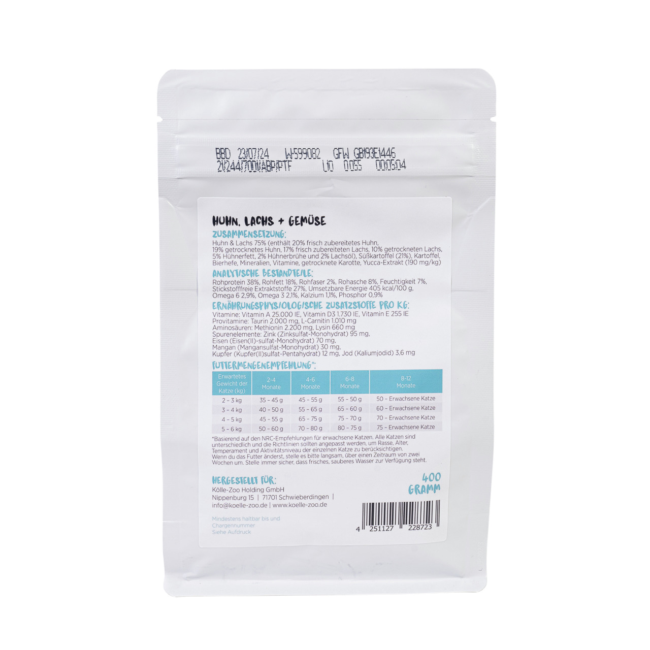 ZooRoyal MINCAS HÄPPCHEN Nassfutter f. Katzen, Huhn, Lachs & Gemüse, 400g, mit Zutaten, analyt. Bestandteilen & Fütterungsempfehlungen.