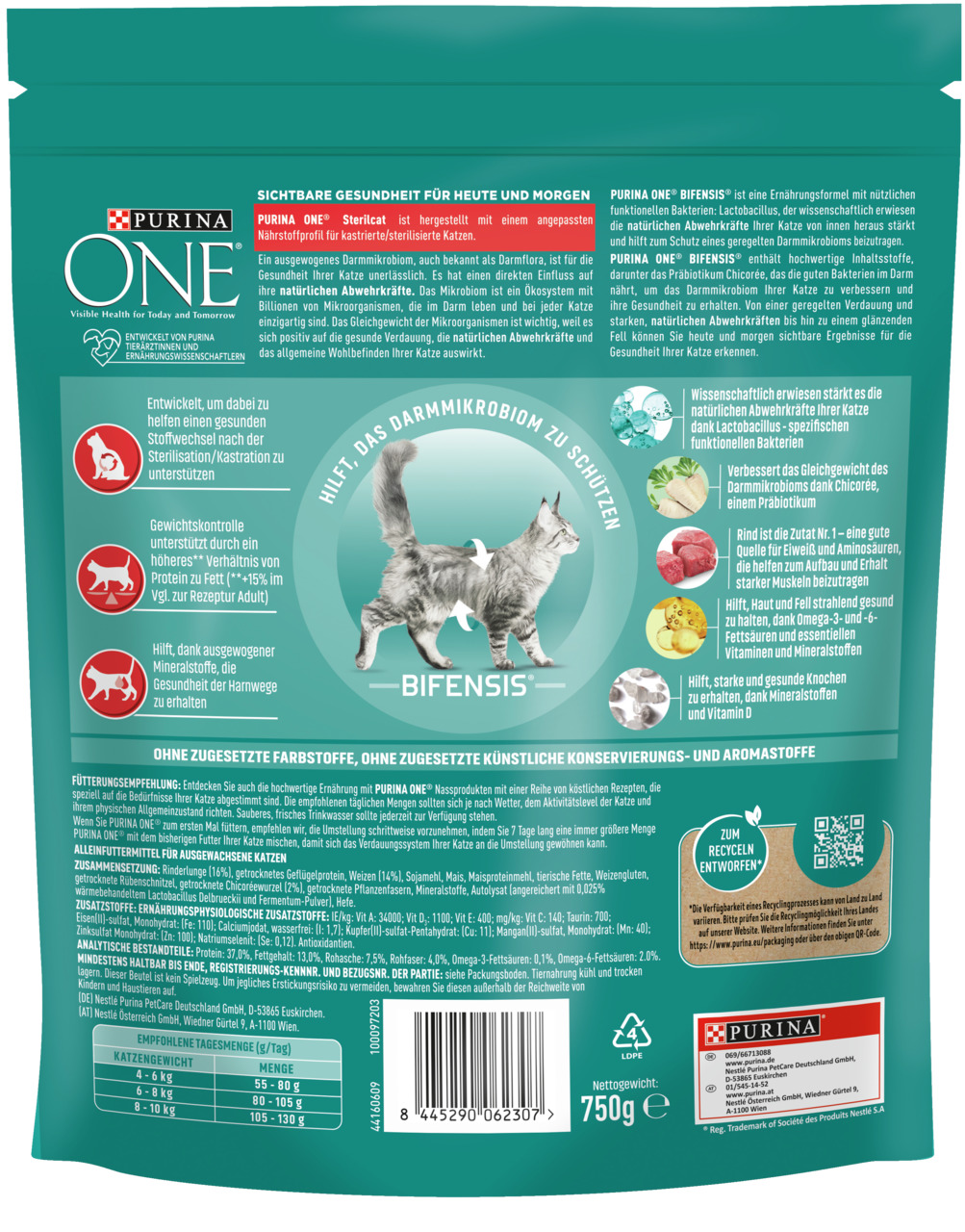Das Bild zeigt eine Verpackung des Katzenfutters „Purina ONE Sterilcat“ mit BIFENSIS-Formel, speziell entwickelt für kastrierte/sterilisierte Katzen. Die Geschmacksrichtung ist nicht explizit angegeben. Die Verpackung enthält 750 g und hebt Vorteile wie U