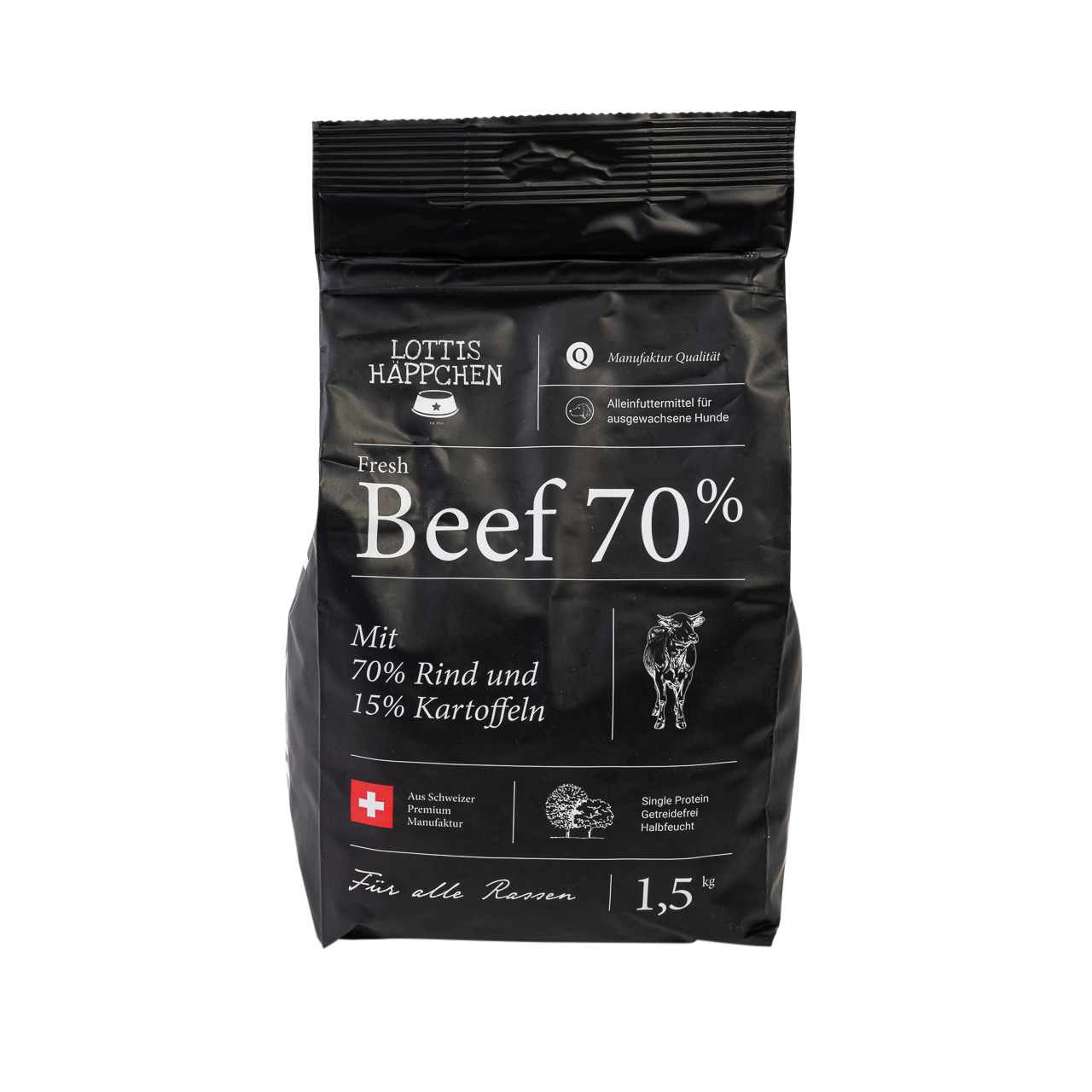 Das Bild zeigt eine schwarze Verpackung des Hundefutters „Lottis Häppchen Fresh Beef 70%“. Es handelt sich um ein Alleinfuttermittel für ausgewachsene Hunde aller Rassen. Die Rezeptur enthält 70 % frisches Fleisch vom Rind und Kartoffeln. Das Produkt ist 