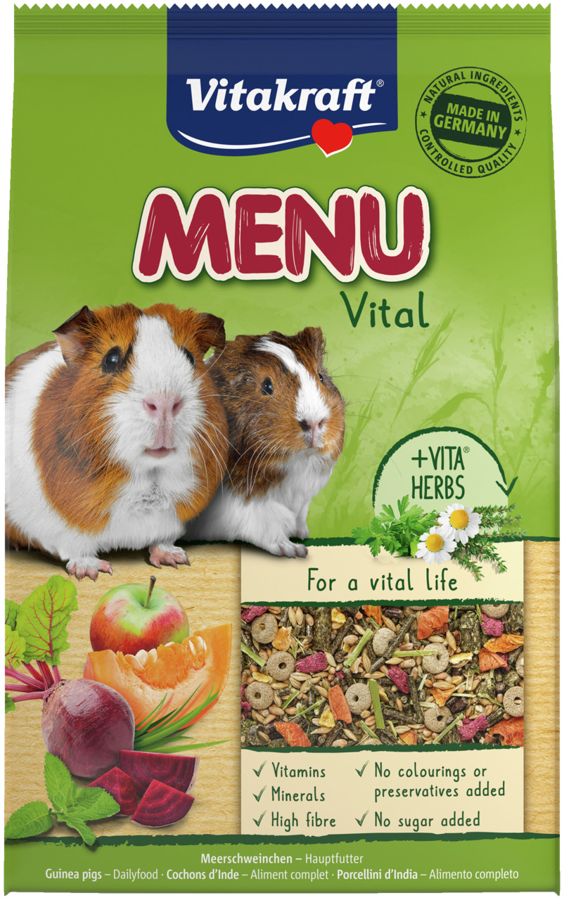 Vitakraft Menu Vital, Hauptfutter f. Meerschweinchen, mit Apfel, Rote Bete & Kräutern, ohne Zuckerzusatz, 1kg, Vitamine & Ballaststoffe.