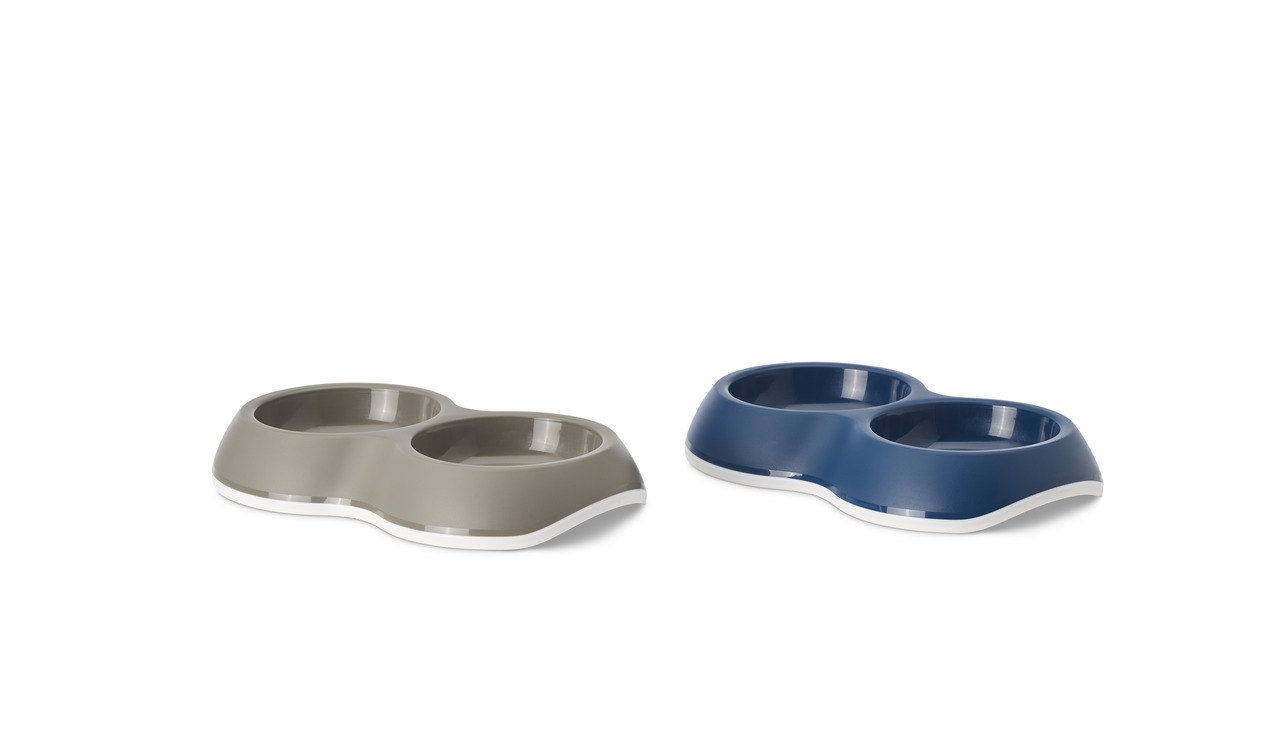 SAVIC Doppelnapf für Hunde & Katzen, robust, ergonomisch, 2 Schalen (Futter-Wasser), Blau-Grau, leicht zu reinigen, ideal täglich.