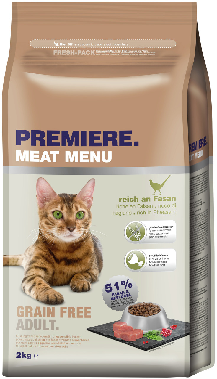 PREMIERE Meat Menu Grain Free Adult, Katzenfutter für ausgewachsene Katzen, Fasan & Geflügel, 51 % Protein, 14 % Frischfleisch, 2 kg.