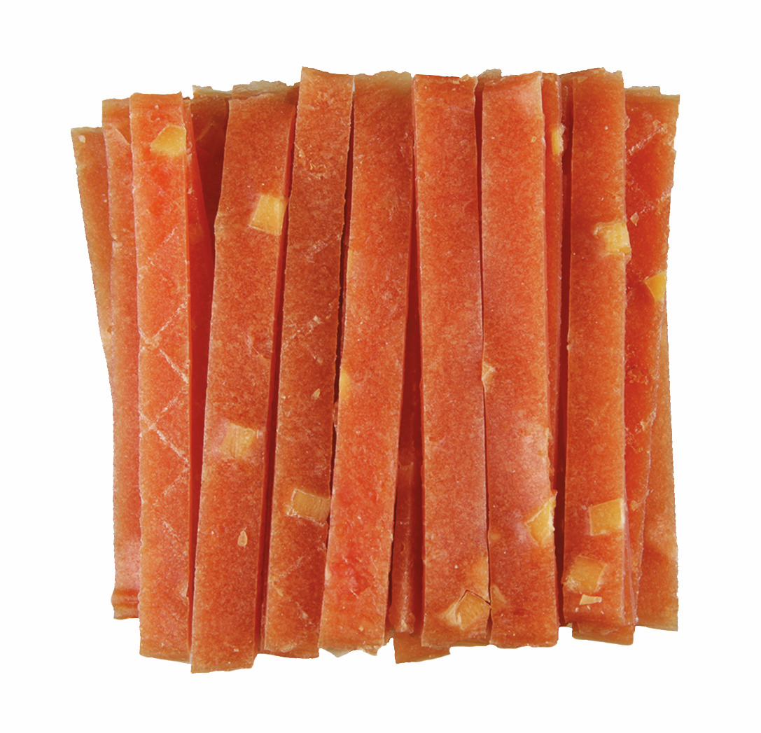 Das Bild zeigt TRIXIE Premio Chicken Tenders, einen hochwertigen Hundesnack für ausgewachsene Hunde. Die Streifen bestehen aus zartem Hühnerfleisch und sind ideal als Belohnung oder Snack für zwischendurch. Die Packung enthält 100 g. Die Streifen sind gle