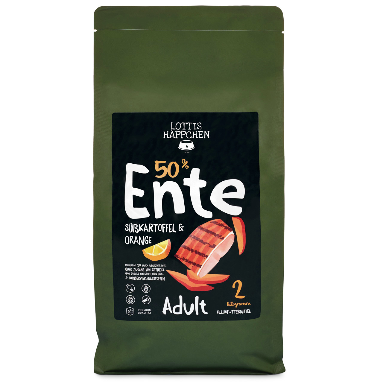 Lottis Häppchen 50 % Ente, Adult, Ente mit Süßkartoffel & Orange, 2 kg, getreidefrei, ohne künstl. Zusätze/Konservierungsstoffe.