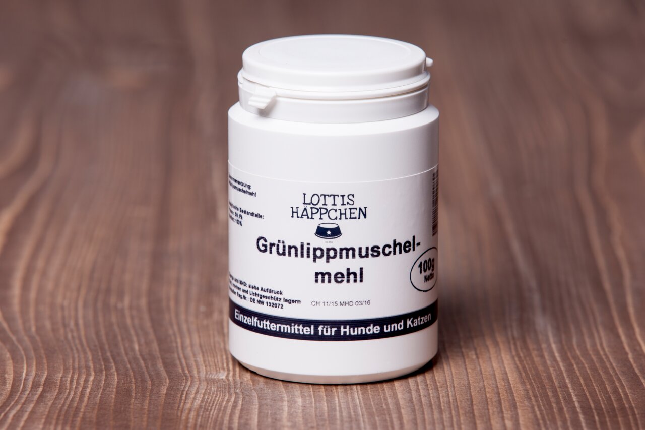 Lottis Häppchen Grünlippmuschelmehl, 100 g, Einzelfuttermittel für Hunde & Katzen, unterstützt Gelenke, hochwertige Zusammensetzung.