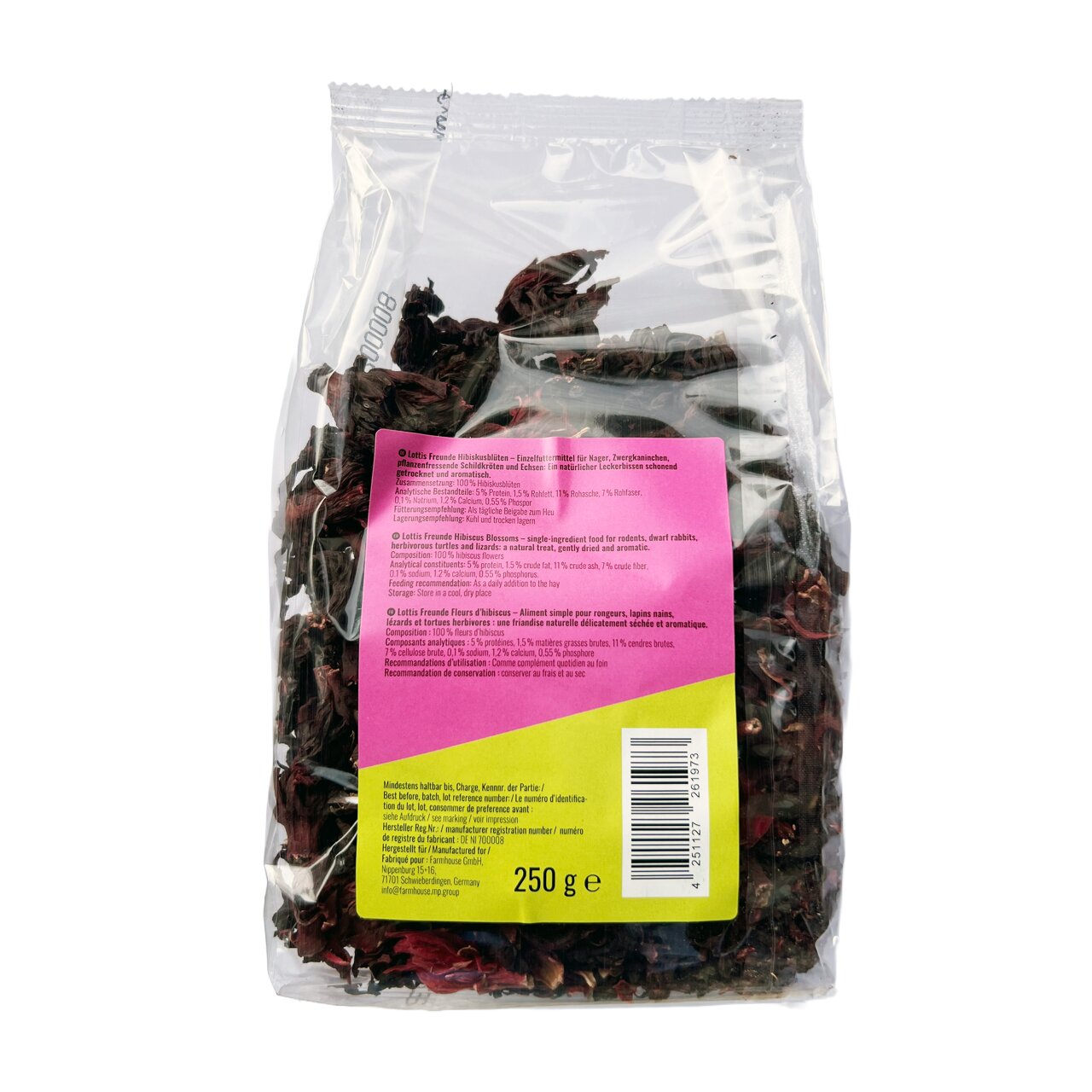 LOTTIS FREUNDE Hibiscus Blossoms für Nager und Zwergkaninchen, Hibiskusblüten, naturbelassener Snack, 250 g, Rückseite;;;;;;;;;;;;;;;;;;;;;;;;;;;;;;;;