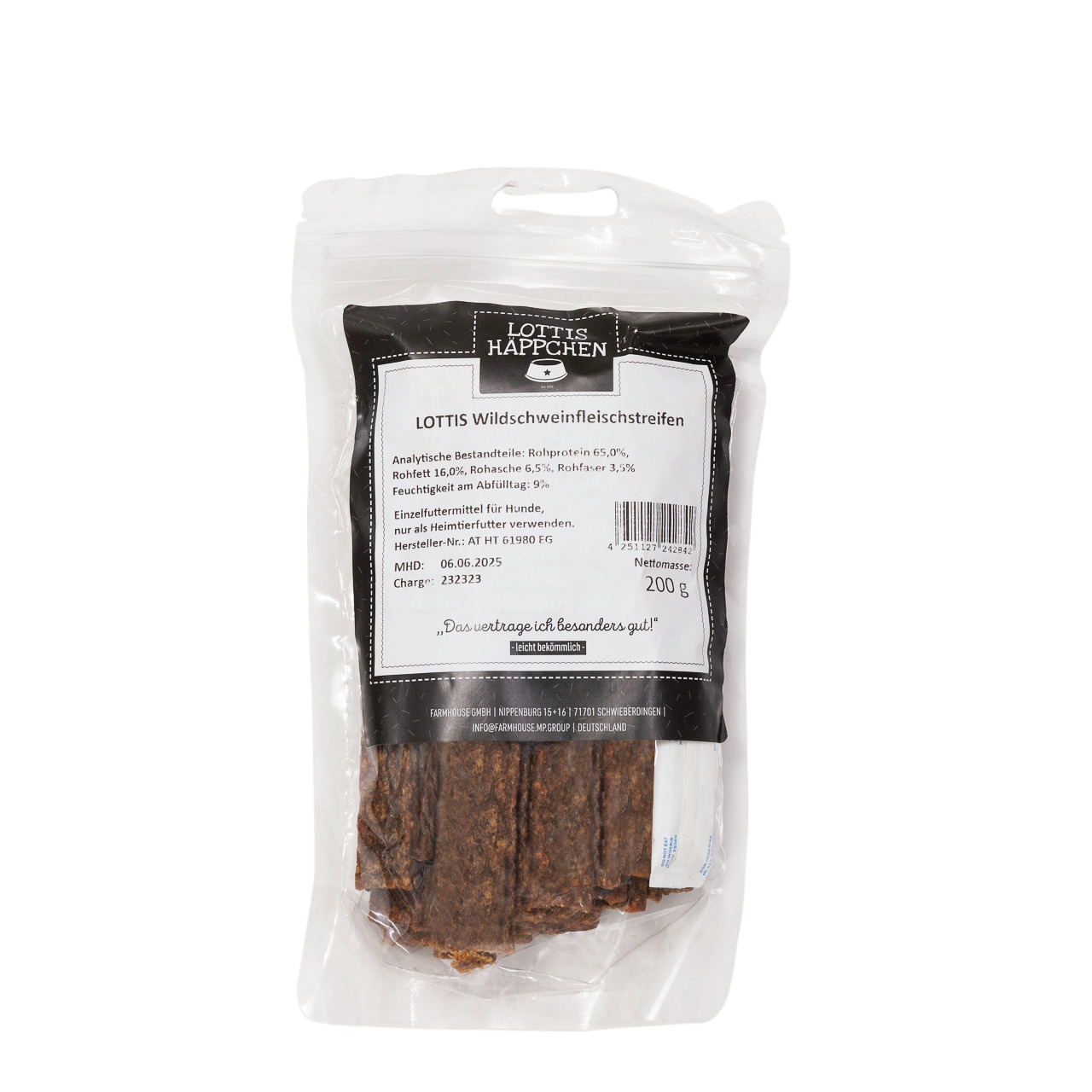 LOTTIS HÄPPCHEN Wildschweinfleischstreifen, Einzelfuttermittel für Hunde, Geschmacksrichtung Wildschwein, 200 g, hochwertiger Snack.