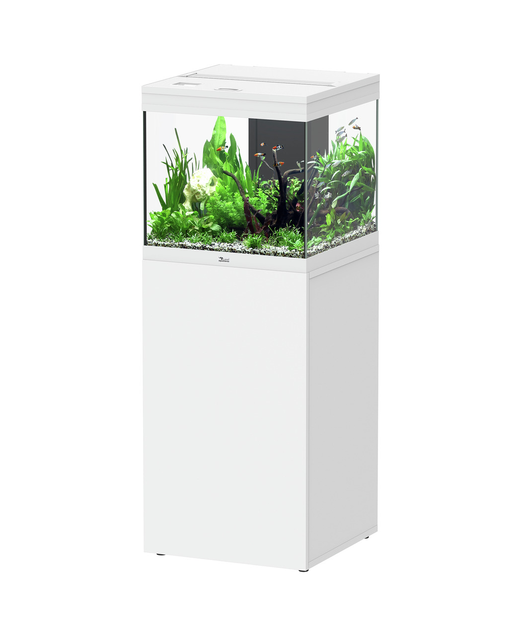 Das Bild zeigt das Aquatlantis Aquarium-Set Style LED 60 in Weiß, geeignet für Aquaristik-Enthusiasten. Es umfasst ein modernes, rechteckiges Aquarium mit LED-Beleuchtung und passendem Unterschrank. Das Aquarium ist mit Pflanzen und kleinen Zierfischen de