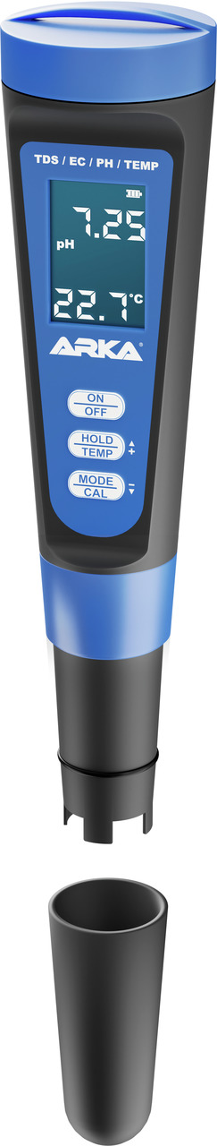 ARKA Multifunktionsmessgerät, misst TDS, EC, pH & Temp., mit Display, schwarz-blau, handlich, inkl. Schutzkappe, ideal f. Wasseranalysen.