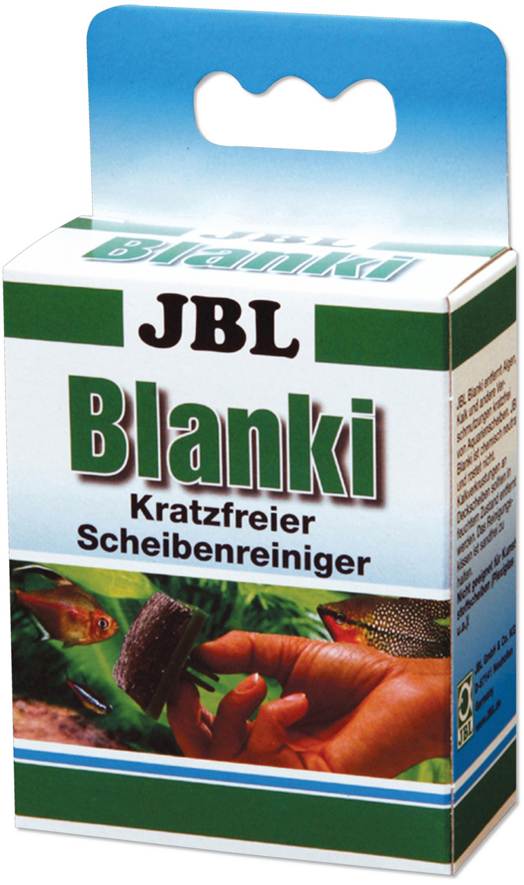 JBL Blanki: Kratzfreier Scheibenreiniger für Aquarienbesitzer. Schonende Reinigung. Verpackung zeigt Hand, Fische & Pflanzen.