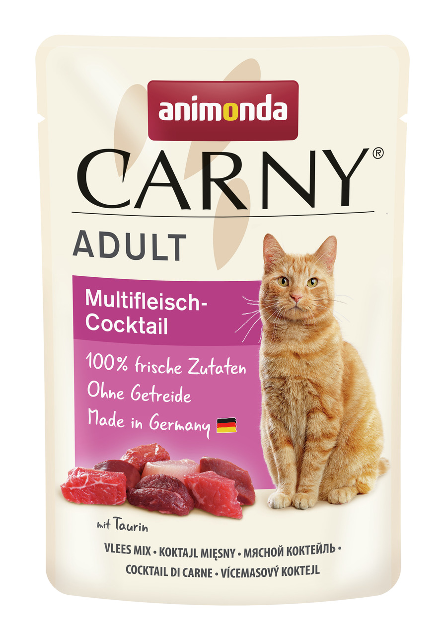 Das Bild zeigt eine Verpackung des Katzenfutters „Carny Adult Multifleisch-Cocktail“ der Marke Animonda. Es ist für ausgewachsene Katzen geeignet und enthält 100 % frische Zutaten ohne Getreide. Die Geschmacksrichtung ist ein Mix aus verschiedenen Fleisch