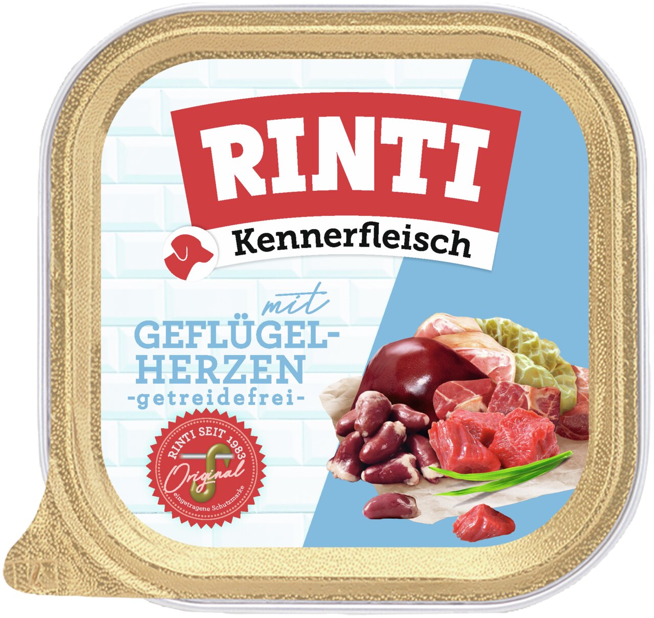 RINTI Kennerfleisch mit Geflügelherzen, getreidefrei, für Hunde, 185 g, vollwertiges Nassfutter mit frischem Fleisch.