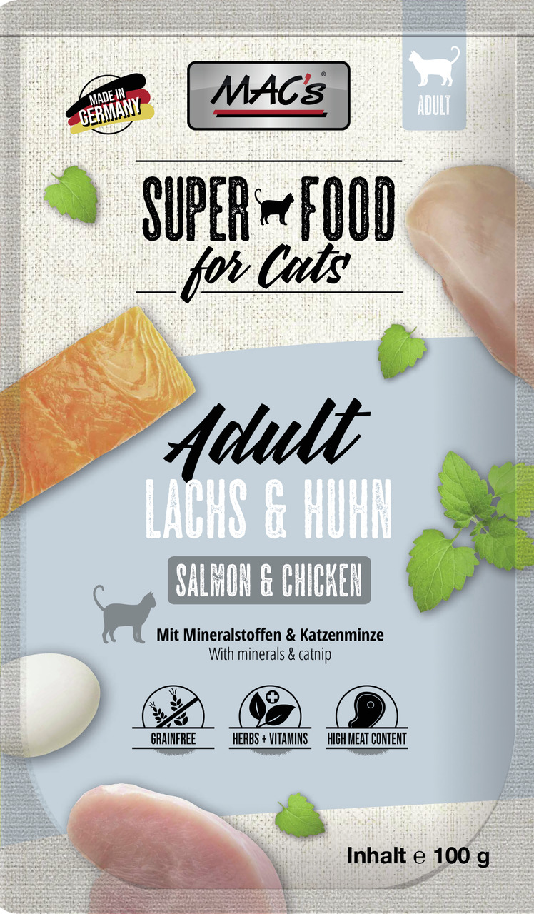 MAC's Superfood Cats Adult Lachs & Huhn, für ausgew. Katzen, getreidefrei, reich an Fleisch, 100 g, mit Kräutern & Vitaminen.