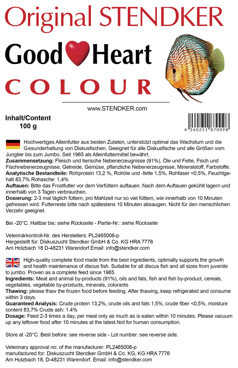 Original Stendker Good Heart Colour, Alleinfutter f. Diskusfische, 91 % Fleisch, 100 g, fördert Wachstum & Gesundheit, f. Jungtier-Jumbo.