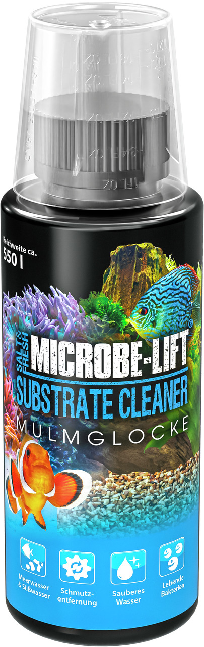 MICROBE-LIFT Substrate Cleaner Mulmglocke, für Meer--Süßwasser-Aquarien, 550 ml, mit lebenden Bakterien für sauberes Wasser.