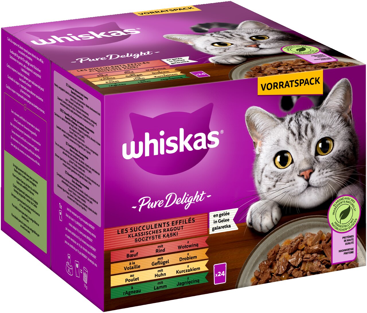 Whiskas Pure Delight Vorratspack, Katzenfutter, 24 Beutel Ragout in Gelee, Rind, Geflügel, Huhn, Lamm, für Katzen.