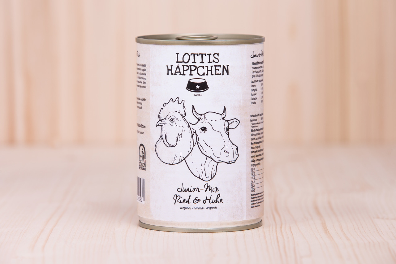 Lottis Häppchen Junior-Mix Rind & Huhn, für junge Hunde, natürlich, artgerecht, getreidefrei, 400 g.