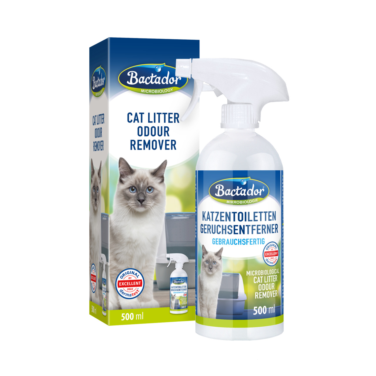Bactador Geruchsentferner, 500 ml, für Katzenbesitzer: mikrobiologisches Reinigungsmittel, entfernt Gerüche effektiv, gebrauchsfertig.