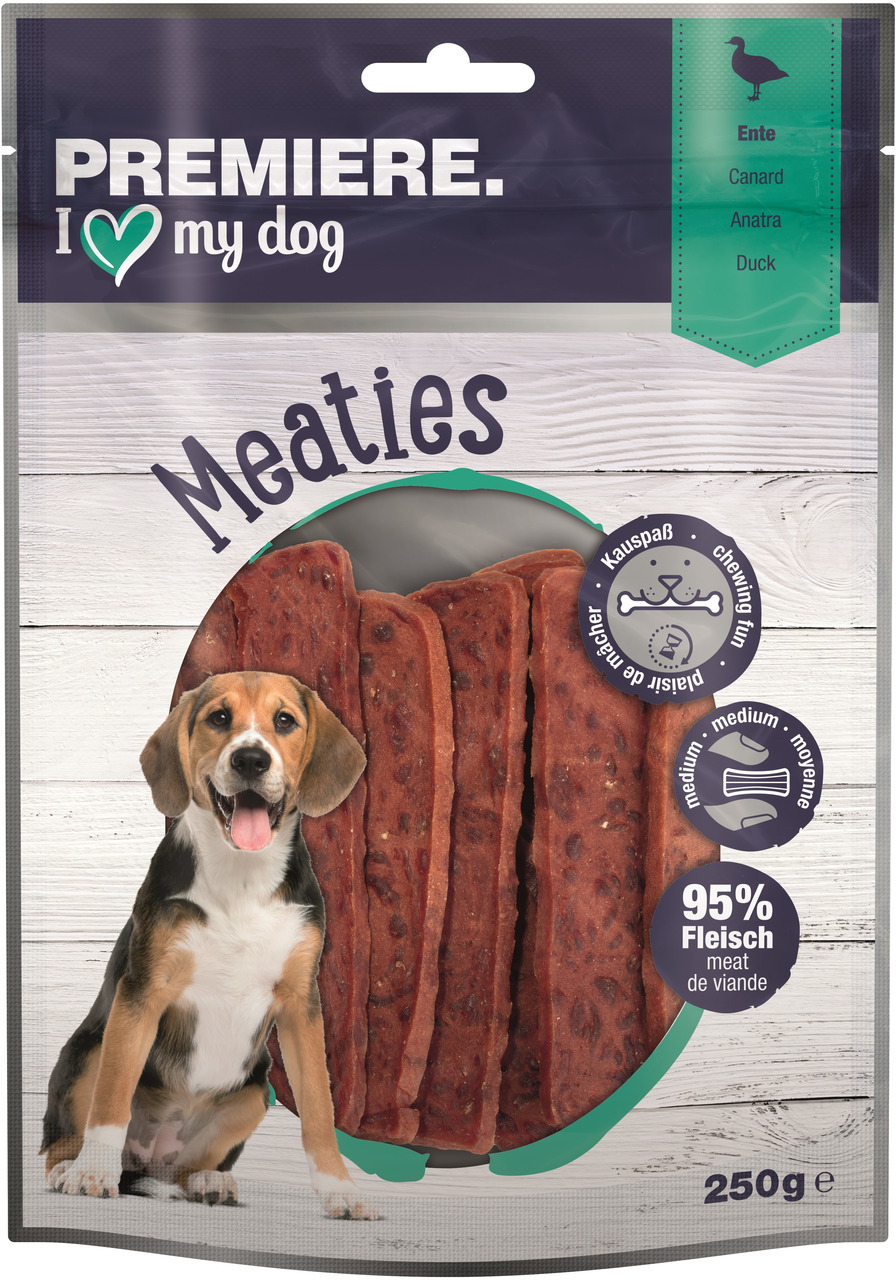 PREMIERE Meaties, Snack für Hunde, Geschmacksrichtung Ente, 95 % Fleisch, 250 g, Kauspaß für Hunde.