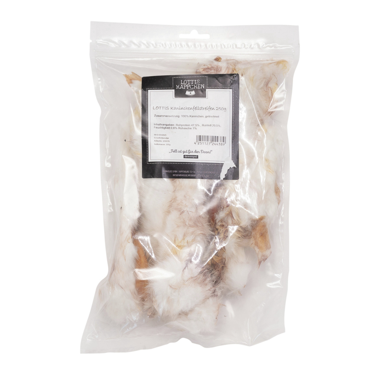 LOTTIS HÄPPCHEN Kaninchenfellstreifen für Hunde, 250 g, 100 % Kaninchen, natürlicher Kausnack.