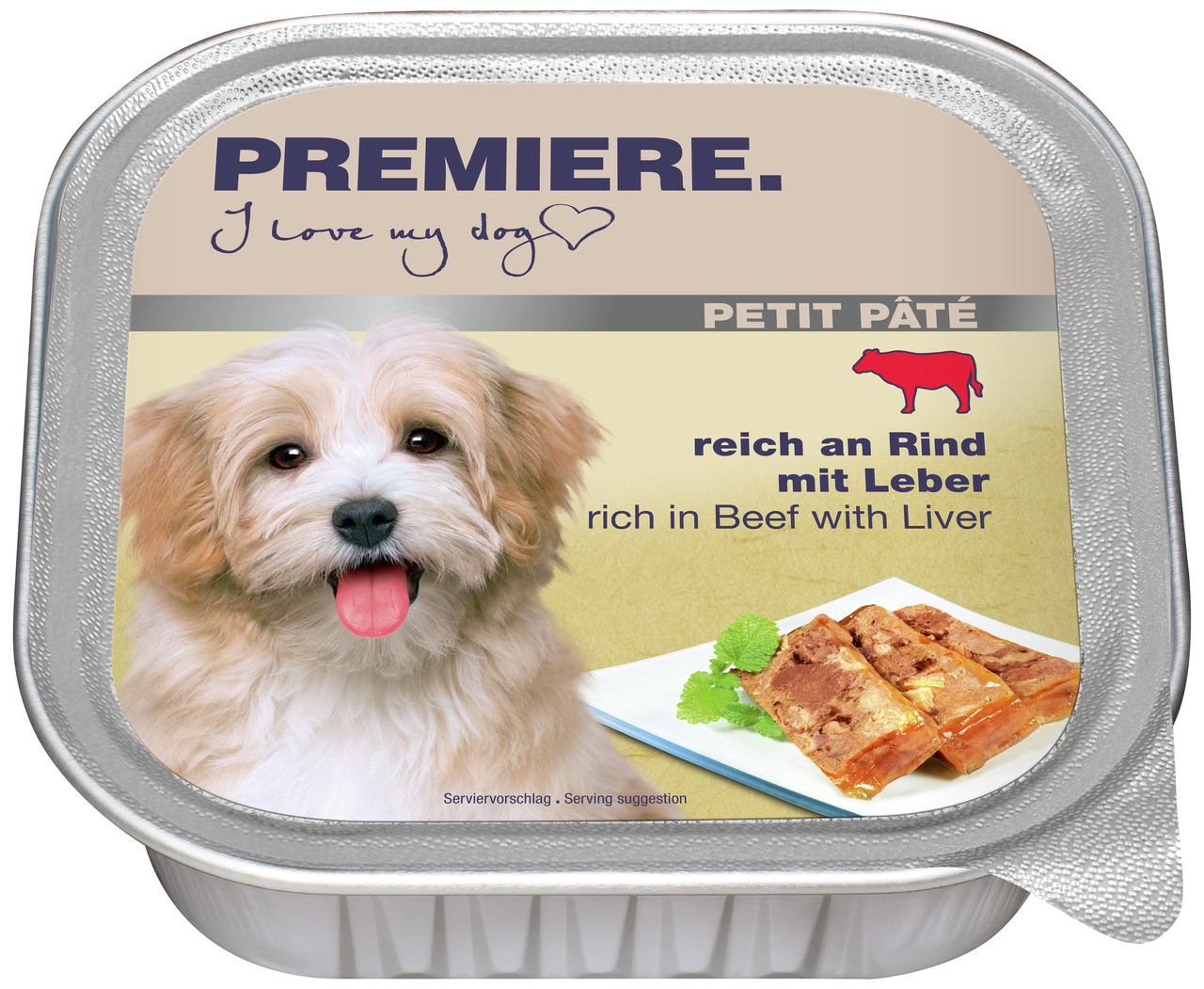 PREMIERE Petit Pâté Nassfutter für Hunde, Geschmacksrichtung Rind mit Leber, 150g, mit Serviervorschlag und Hundebild.