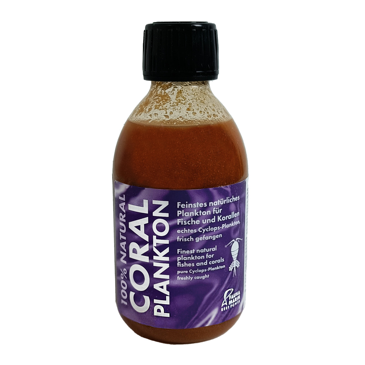 Das Bild zeigt eine 250-ml-Flasche des Produkts „100% Natural Coral Plankton“ der Marke Fauna Marin. Es handelt sich um natürliches Plankton, speziell für Fische und Korallen. Die Geschmacksrichtung ist echtes Cyclops-Plankton, frisch gefangen. Die Flasch