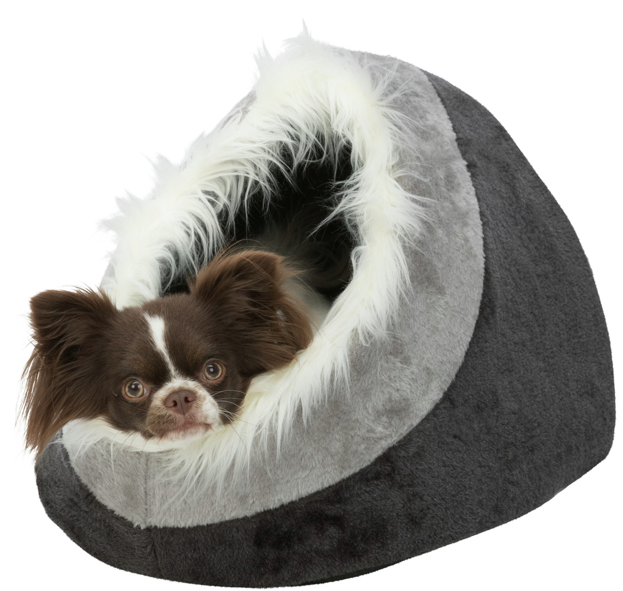 Ein kleines braun-weißes Hündchen liegt gemütlich in einer grauen, höhlenartigen Kuschelhöhle mit weichem, weißem Kunstfellrand. Das Produkt ist die TRIXIE Kuschelhöhle für kleine Hunde und Katzen. Zielgruppe: kleine Haustiere. Perfekt für Komfort und Geb