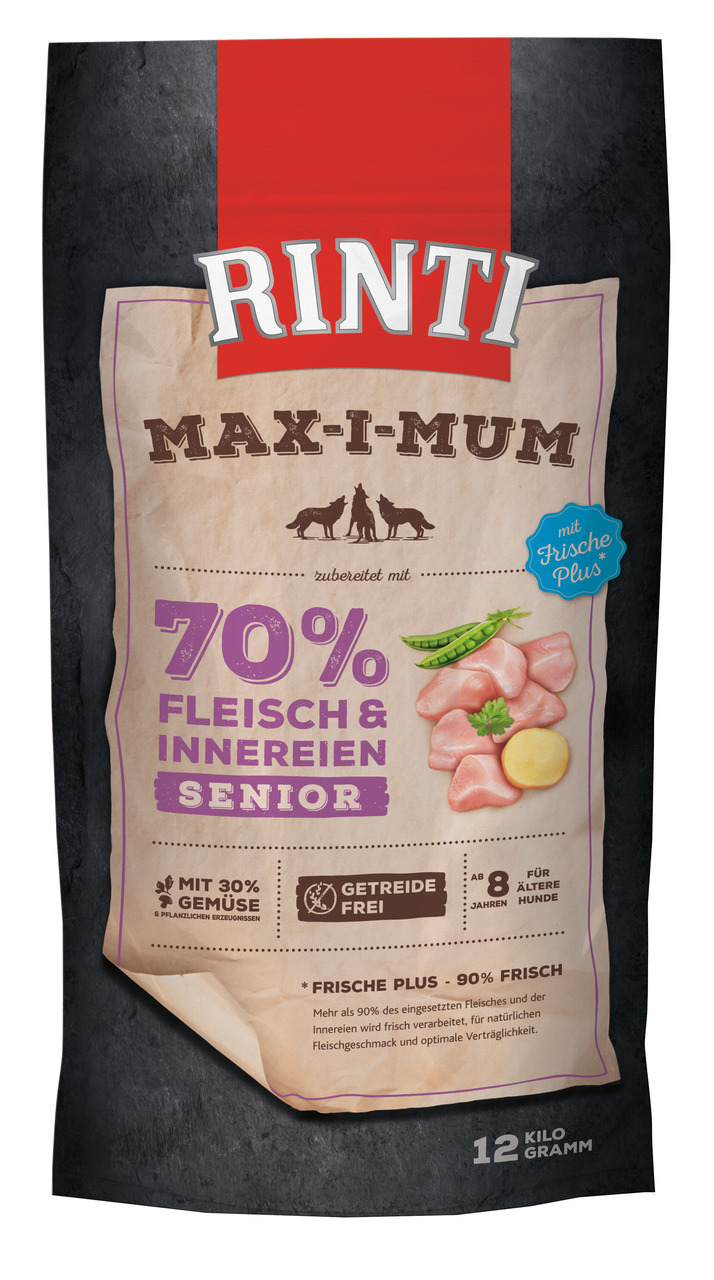 RINTI Max-i-mum Senior, Hunde ab 8 J., Fleisch+Innereien, 70 % Fleisch, 30 % Gemüse, getreidefrei, 12 kg, „Frische Plus – 90 % frisch“.