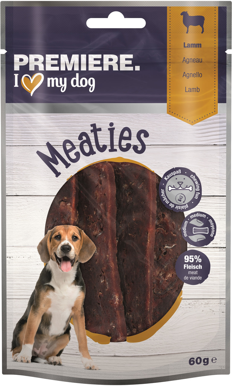 PREMIERE Meaties Hundesnack, Lamm, 95 % Fleisch, 60 g, mittelstarker Kauspaß, hohe Fleischqualität, Genuss für Hunde.