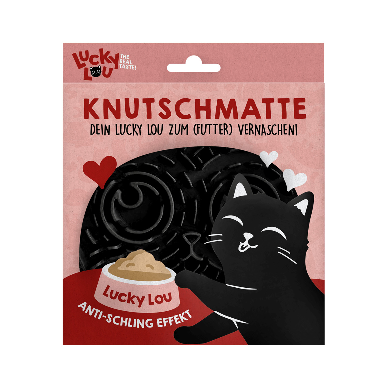 Lucky Lou Knutschmatte f. Katzen, Anti-Schling-Matte, schwarz, bewirbt Anti-Schling-Effekt, Marke: Lucky Lou.