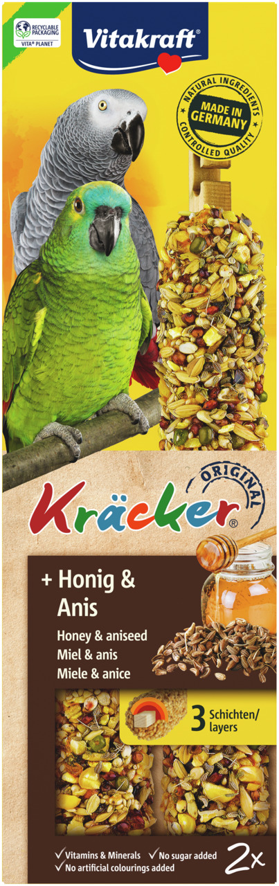 Das Bild zeigt das Produkt "Vitakraft Kräcker Original + Honig & Anis" für Papageien. Es handelt sich um zwei Knabberstangen mit drei Schichten, die aus natürlichen Zutaten bestehen. Die Geschmacksrichtung ist Honig und Anis. Das Produkt ist "Made in Germ