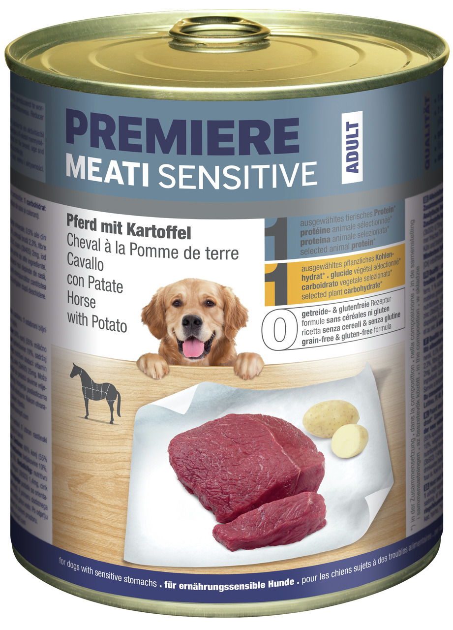 PREMIERE MEATI SENSITIVE, Pferd+Kartoffel, für erw. Hunde mit sens. Magen, getreide--glutenfrei, 400g.