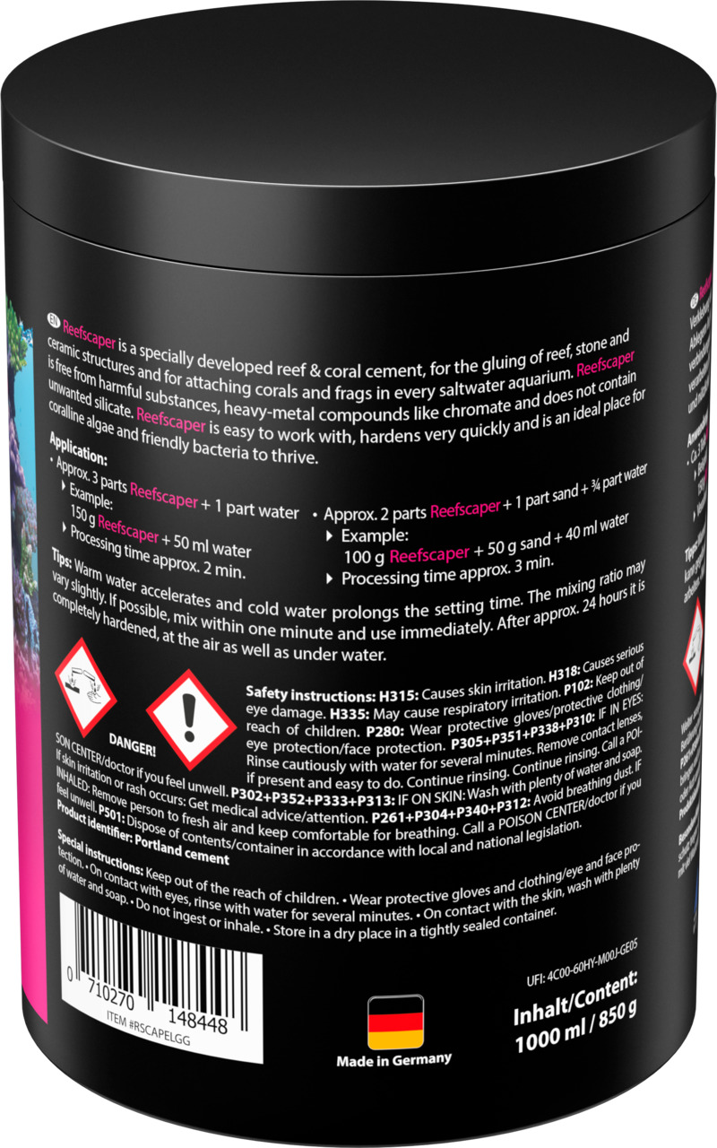 MICROBE-LIFT Reefscaper, Riff- & Korallenkleber-Zement, für Meerwasseraquarien, 1000 ml-850 g, schadstofffrei, Made in Germany.