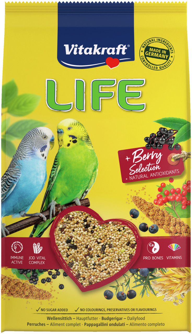 Vitakraft LIFE Berry Selection, Hauptfutter f. Wellensittiche, mit Beeren, Jod-Vital-Komplex, Pro-Bones, ohne Zuckerzusatz, 800 g.