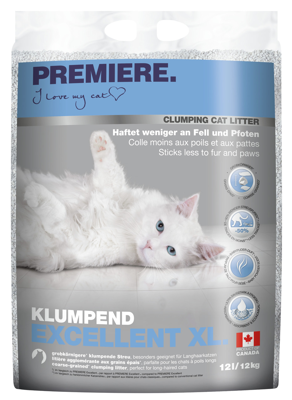 PREMIERE Klumpend Excellent XL, grobkörnige Katzenstreu f. Langhaarkatzen, staubarm, saugfähig, haftet wenig, 12 L (12 kg), Kanada.