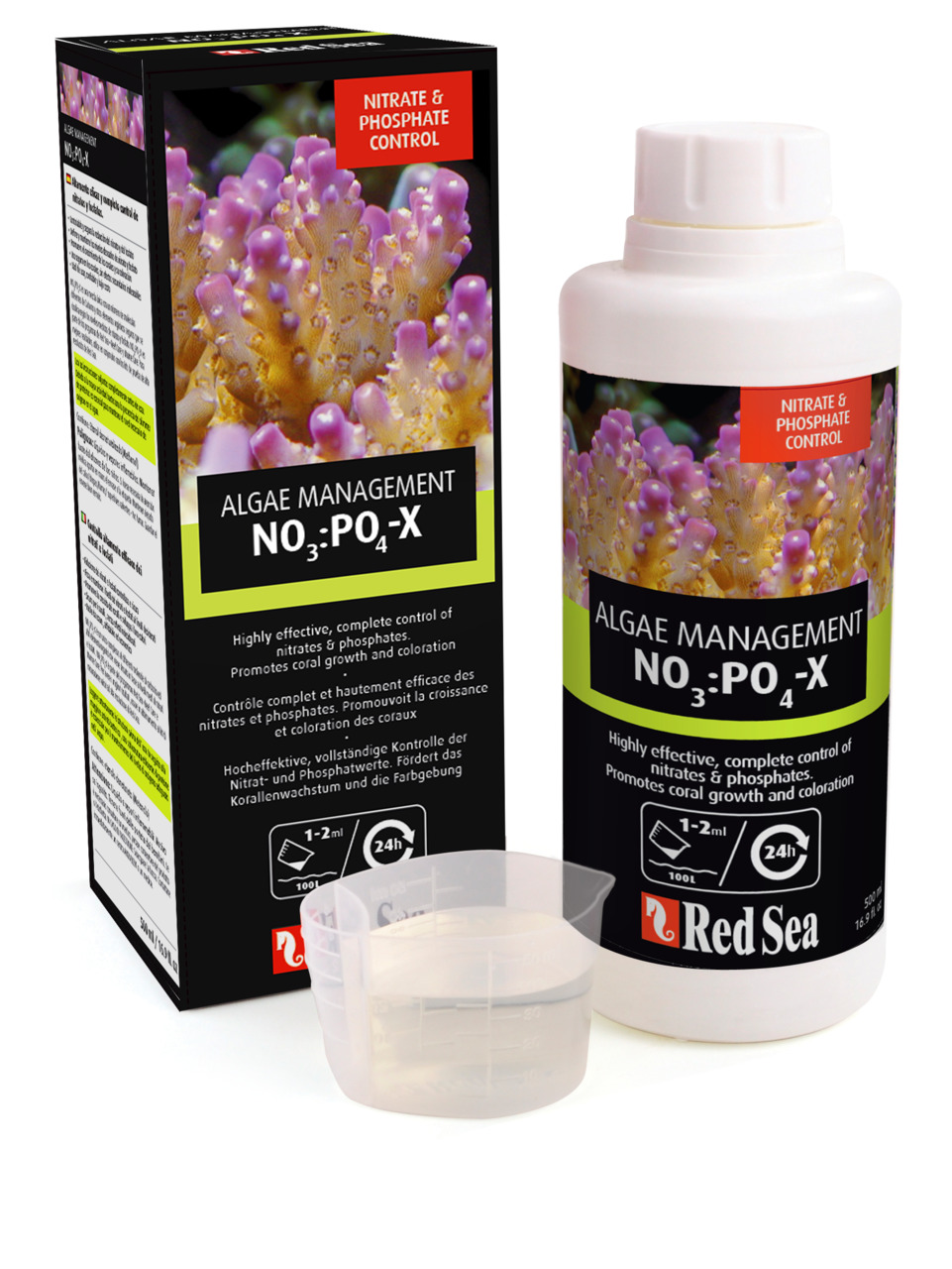 Red Sea NO3:PO4-X Algae Management, für Aquarienbesitzer, fördert Korallenwachstum & Farben, 500 ml, inkl. Messbecher & Verpackung.