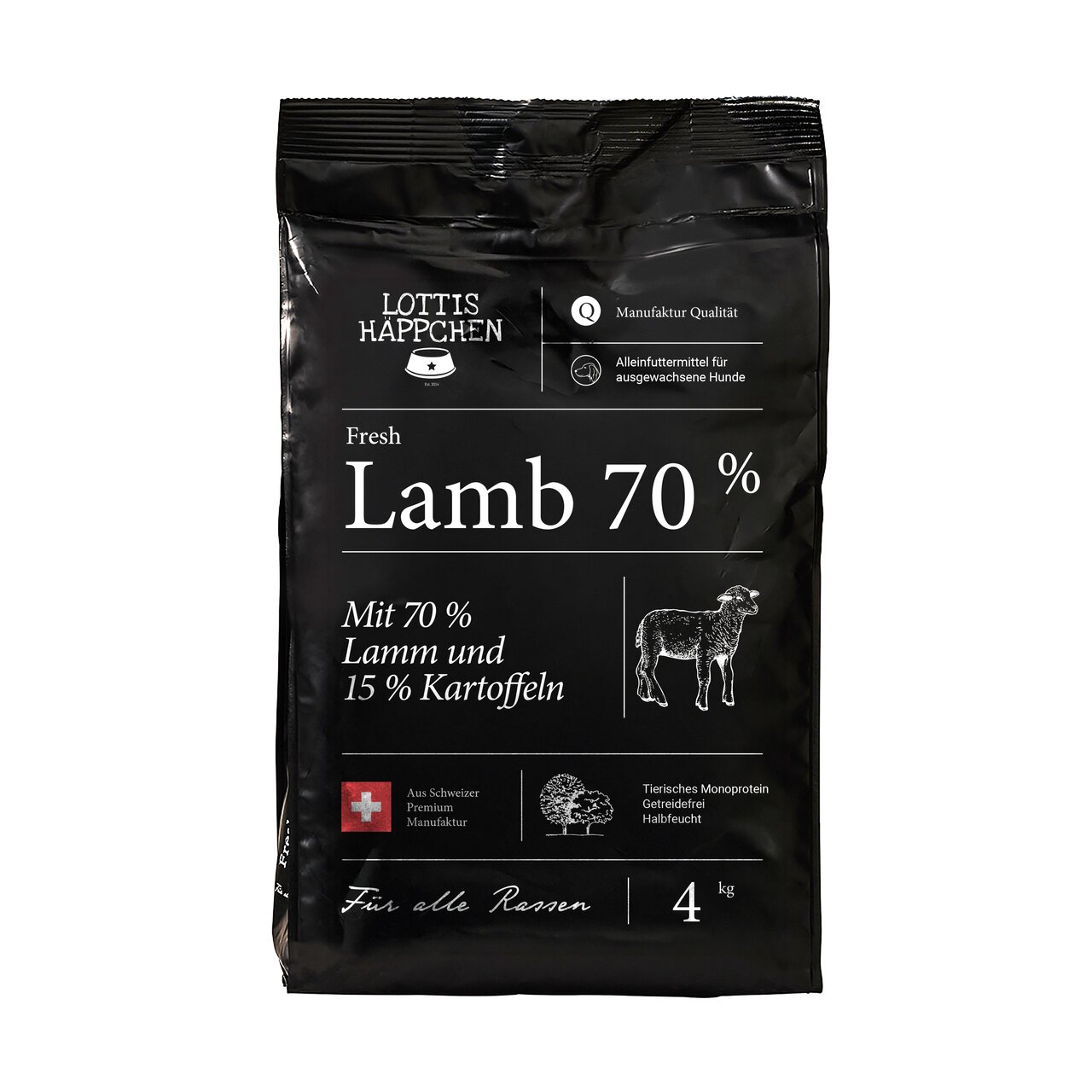 Lottis Häppchen Hundefutter, Erwachsenen, Geschmack Lamm, 70 % Lamm, 15 % Kartoffeln, getreidefrei, 4 kg Beutel.