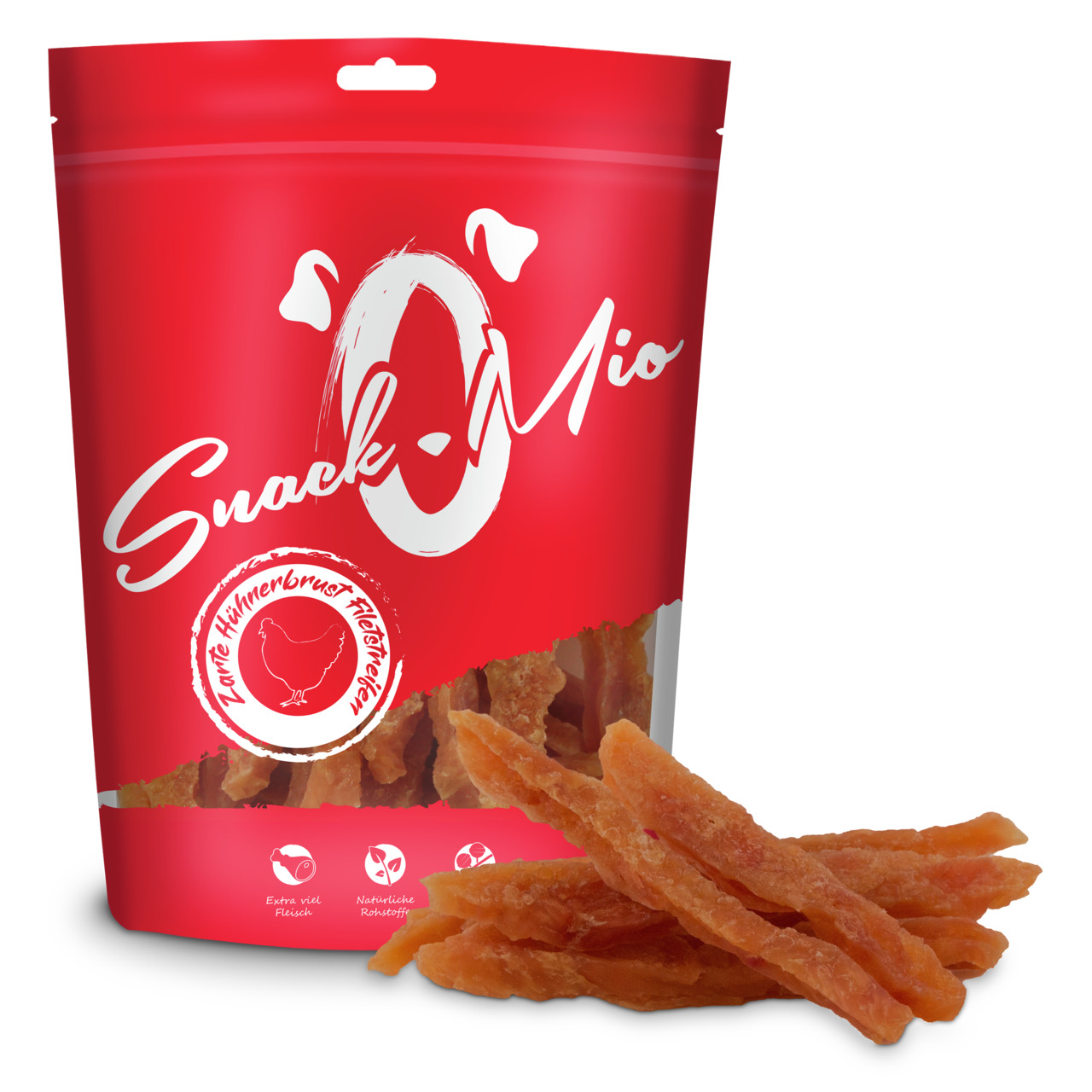 SnackOMio – Zarte Hühnerbrust Fleischstreifen, Hundesnack, Huhn, „Extra viel Fleisch“, „Natürliche Rohstoffe“, zarte Streifen.