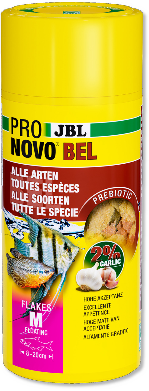 JBL ProNovo Bel, Fischfutter für Zierfische (8-20 cm), mittlere Flocken (Größe M), 2 % Knoblauch, präbiotisch, Menge nicht erkennbar.