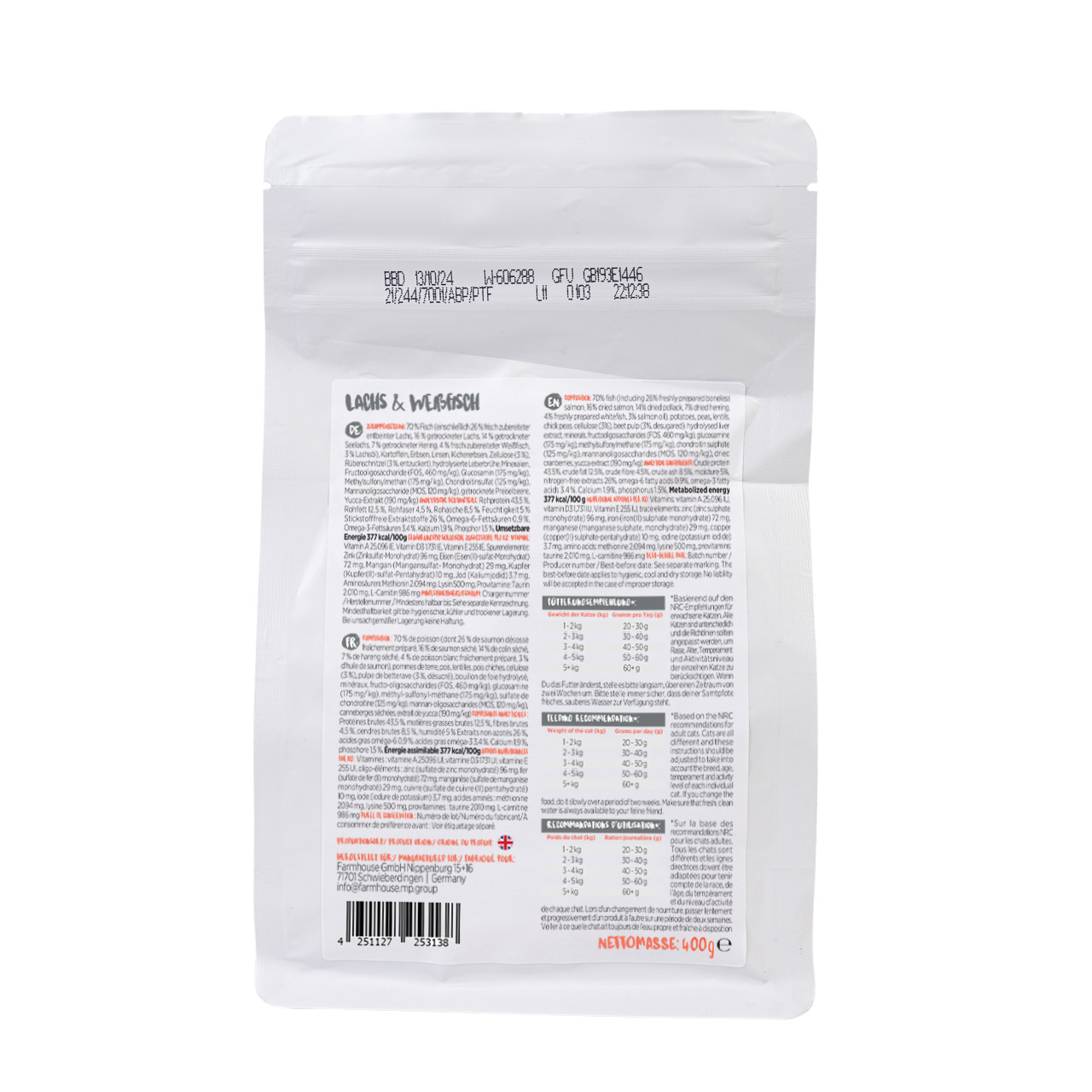 Mincas Häppchen Katzenfutter, Lachs & Weißfisch, für ausgewachsene Katzen, 400 g, mit Angaben zu Inhaltsstoffen & Fütterungsempfehlungen.