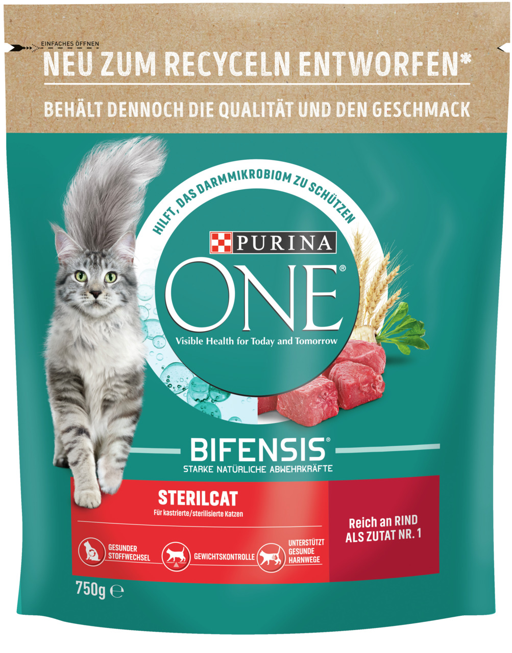 Das Bild zeigt eine Verpackung des Katzenfutters „Purina ONE Bifensis Sterilcat“ für kastrierte/sterilisierte Katzen. Die Geschmacksrichtung ist Rind, wobei Rind als Zutat Nr. 1 hervorgehoben wird. Die Verpackung enthält 750 g und verspricht Vorteile wie 