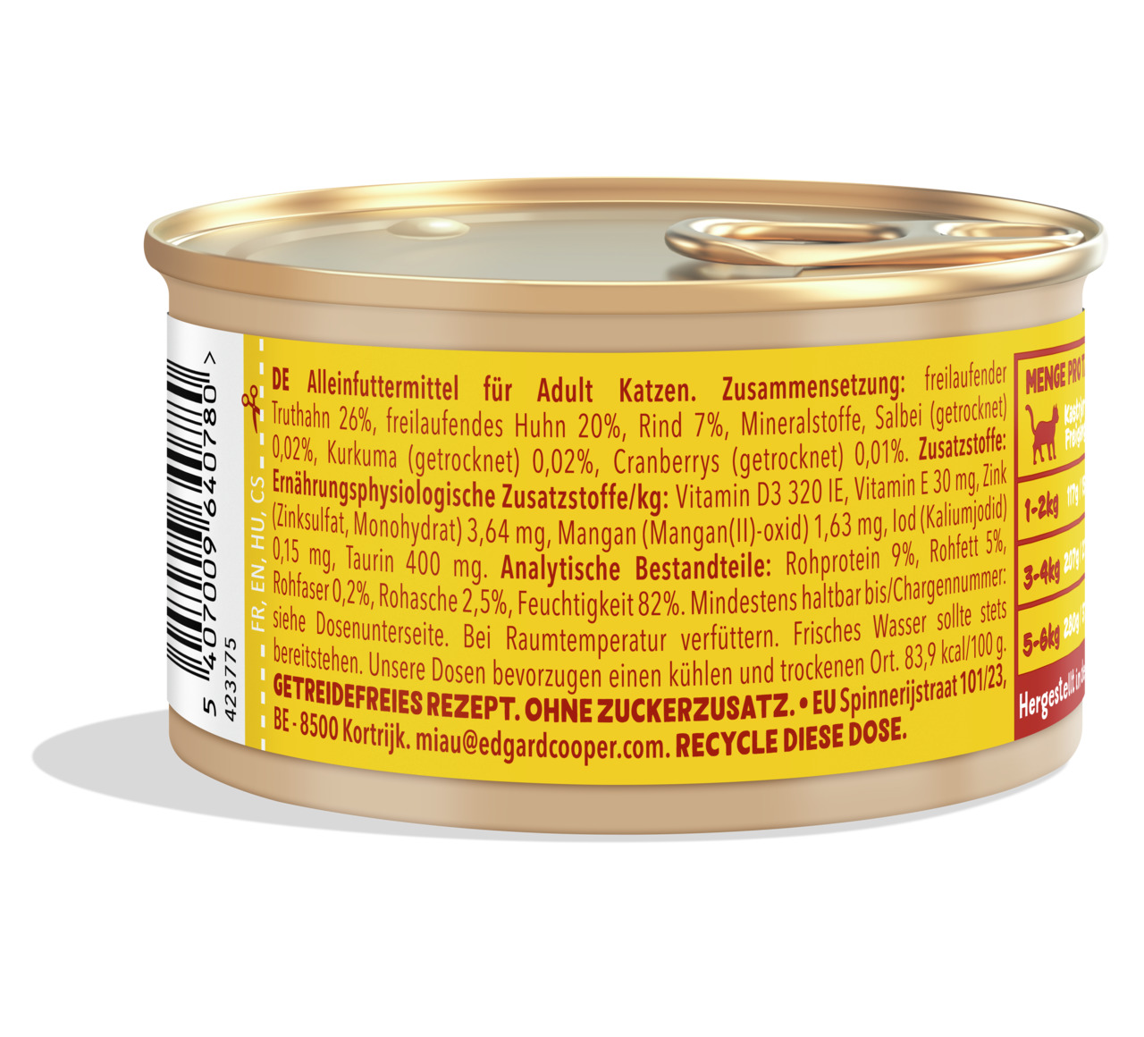 Edgard & Cooper Katzenfutter, Truthahn, Huhn & Rind, für ausgewachsene Katzen, 85 g, getreidefrei, ohne Zucker, natürliche Zutaten.